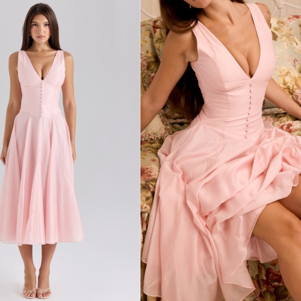 House of CB 'Samira’ Pink Chiffon Button Midi NWOT